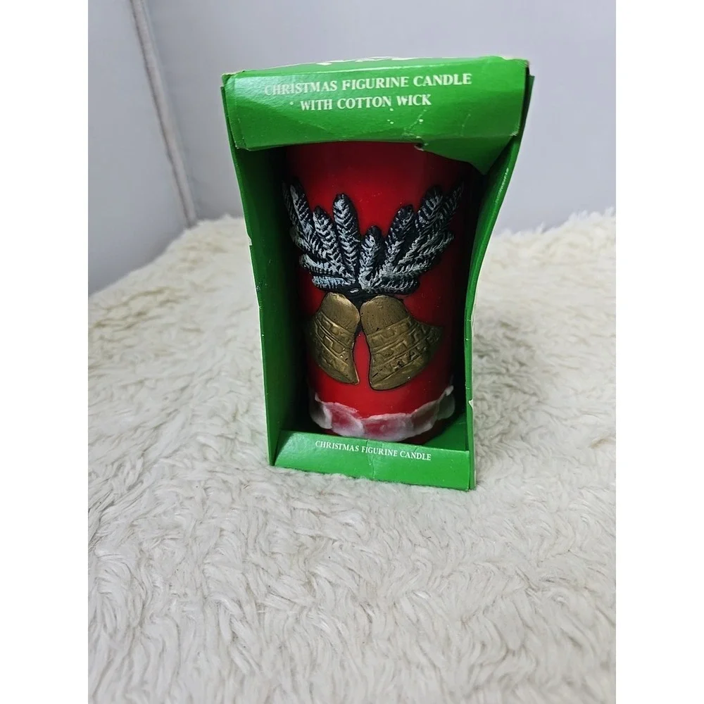 Vintage Christmas Pillar Candle Bells &‎ Holly Decor Retro MCM Unburned in Box